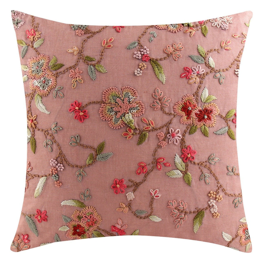 Guldasta Cotton Linen Hand Embroidered Cushion Cover - KHAABKA