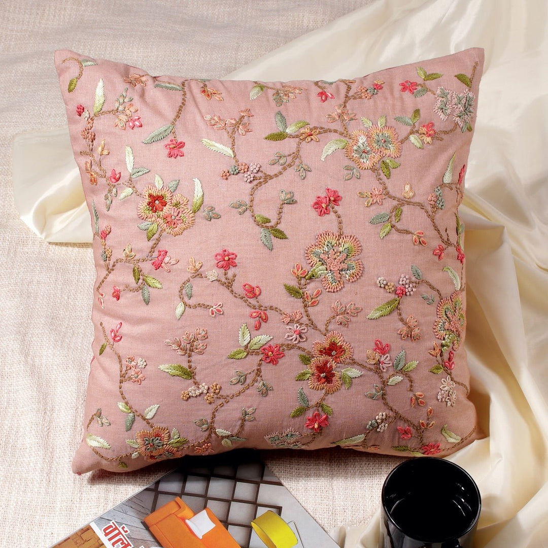 Guldasta Cotton Linen Hand Embroidered Cushion Cover - KHAABKA