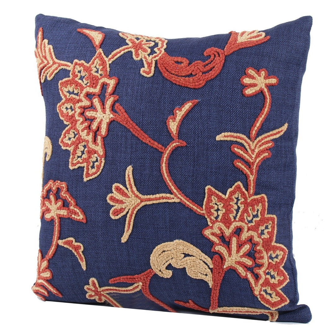 Guldasta Navy Blue Cotton Linen Floral Embroidered Cushion Cover - KHAABKA