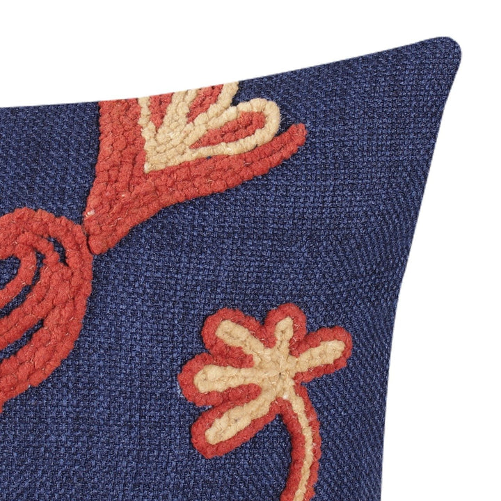 Guldasta Navy Blue Cotton Linen Floral Embroidered Cushion Cover - KHAABKA