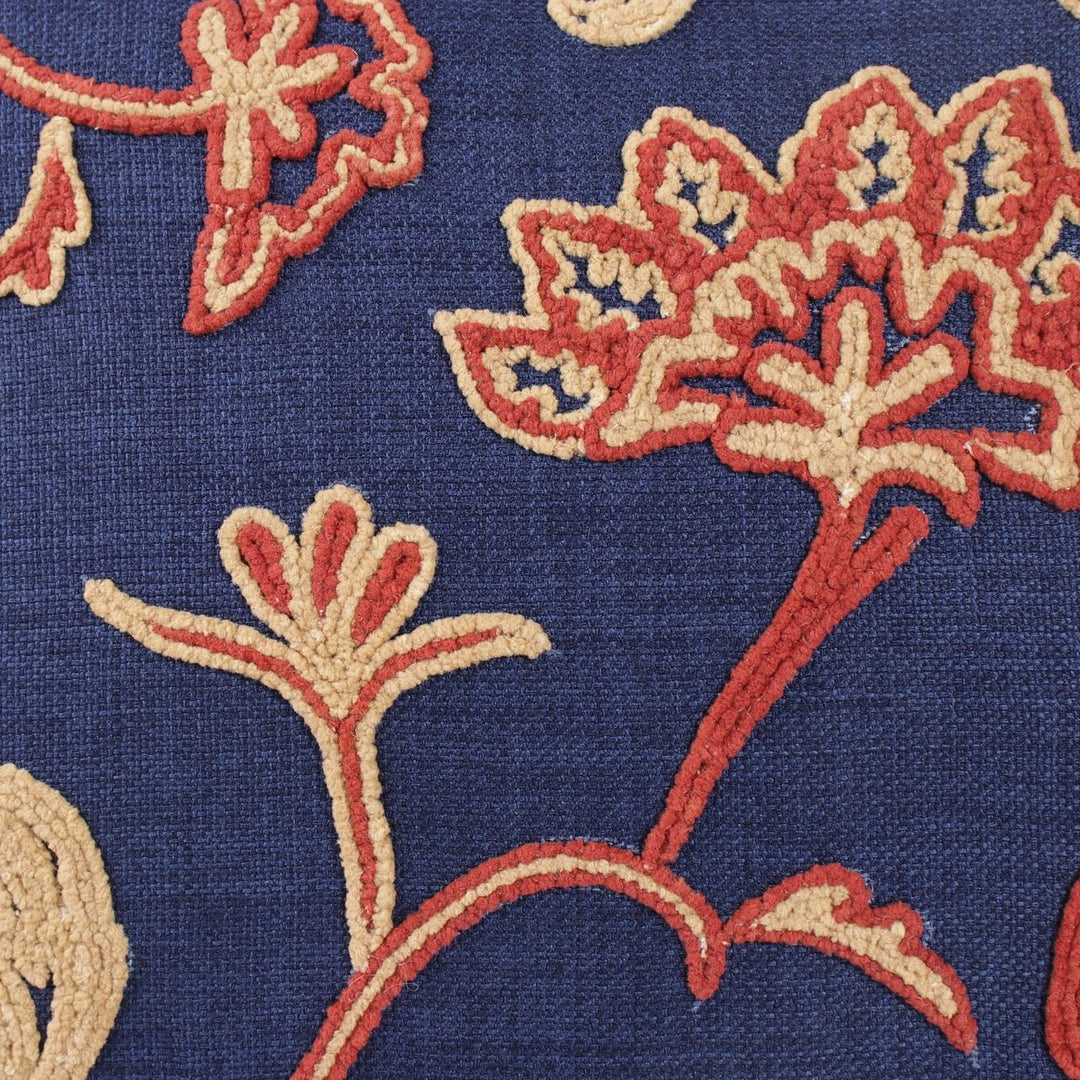 Guldasta Navy Blue Cotton Linen Floral Embroidered Cushion Cover - KHAABKA