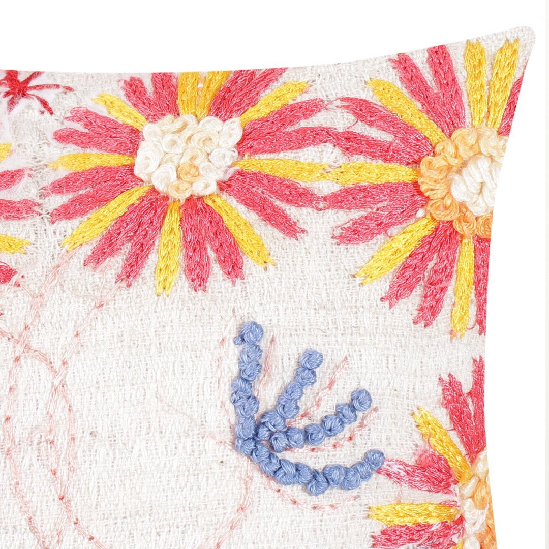 Guldasta Offwhite Cotton Linen Floral Embroidered Cushion Cover - KHAABKA