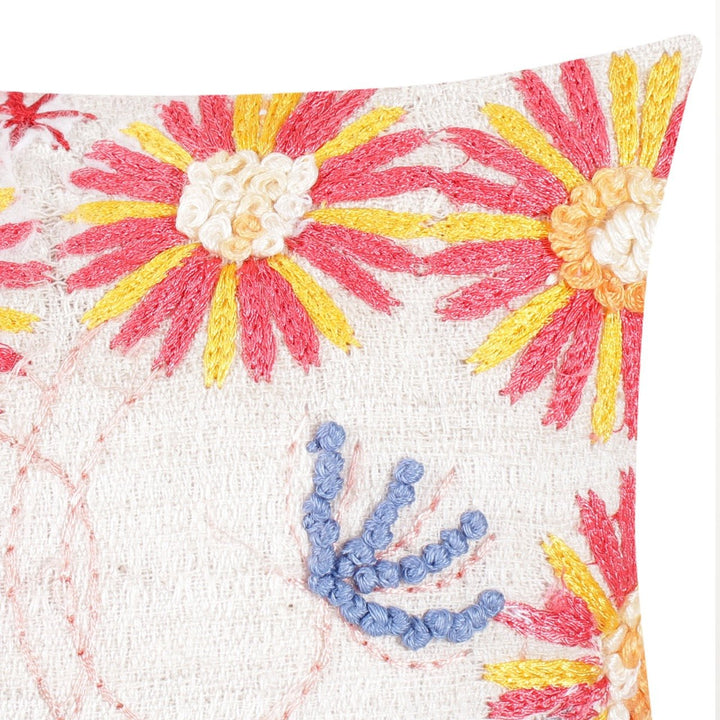 Guldasta Offwhite Cotton Linen Floral Embroidered Cushion Cover - KHAABKA
