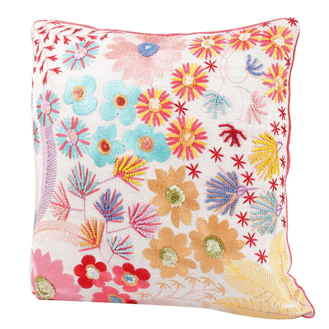 Guldasta Offwhite Cotton Linen Floral Embroidered Cushion Cover - KHAABKA