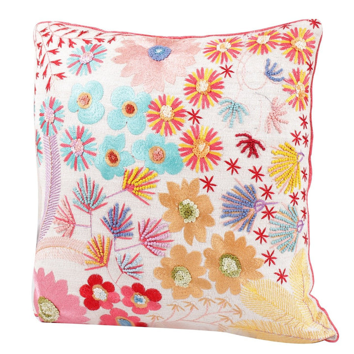 Guldasta Offwhite Cotton Linen Floral Embroidered Cushion Cover - KHAABKA