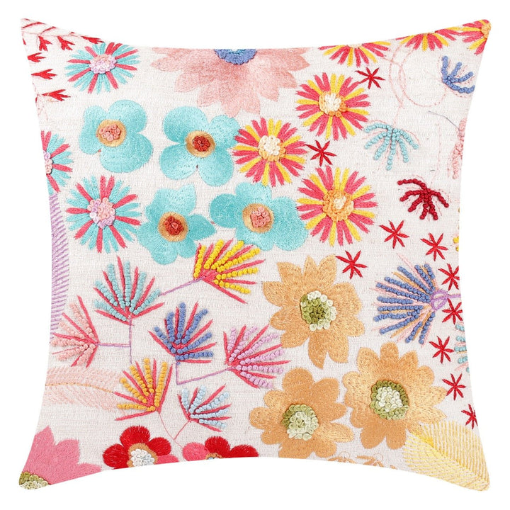 Guldasta Offwhite Cotton Linen Floral Embroidered Cushion Cover - KHAABKA