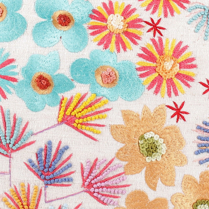 Guldasta Offwhite Cotton Linen Floral Embroidered Cushion Cover - KHAABKA