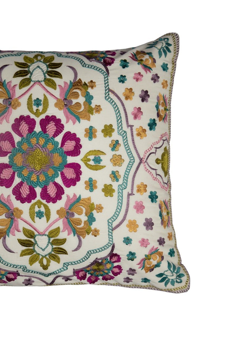 Guldasta Offwhite Floral Cotton Linen Cushion Cover - KHAABKA