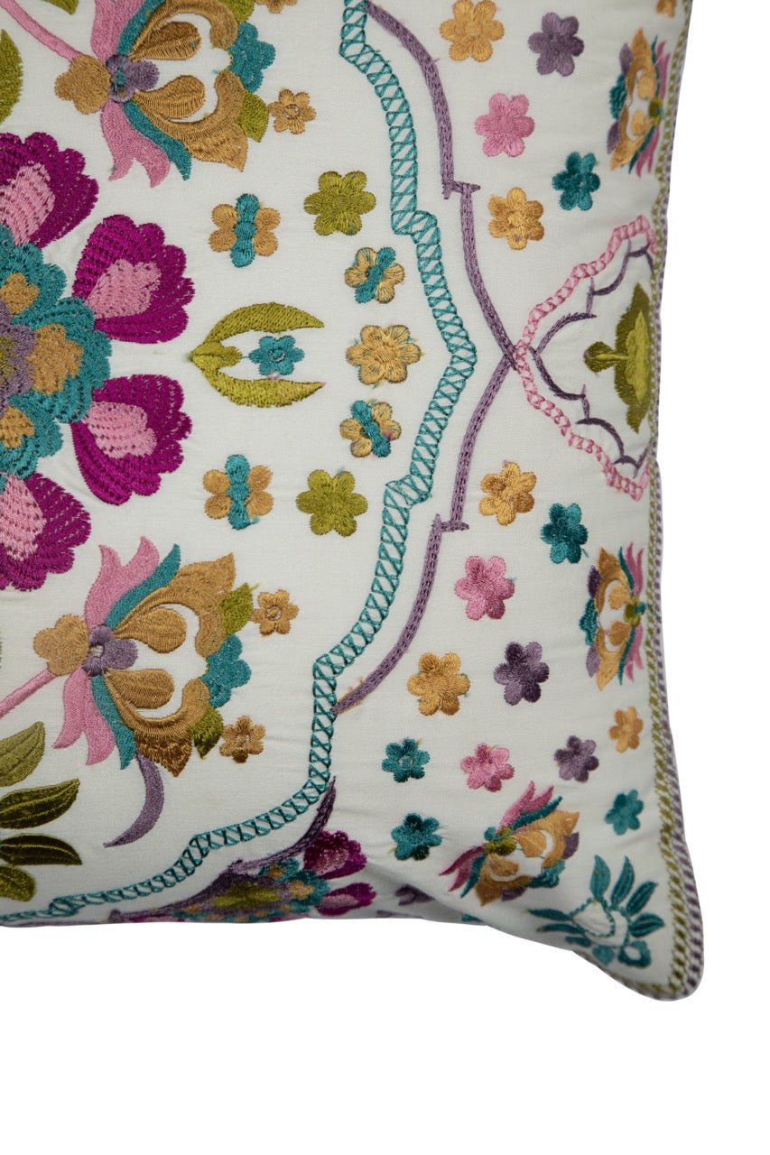 Guldasta Offwhite Floral Cotton Linen Cushion Cover - KHAABKA