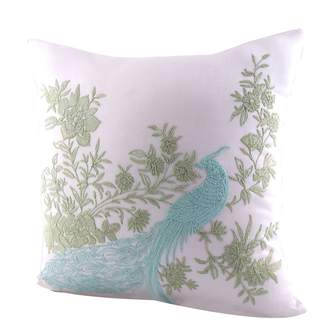 Silkroute Offwhite Silk Peacock Embroidery Cushion Cover - KHAABKA