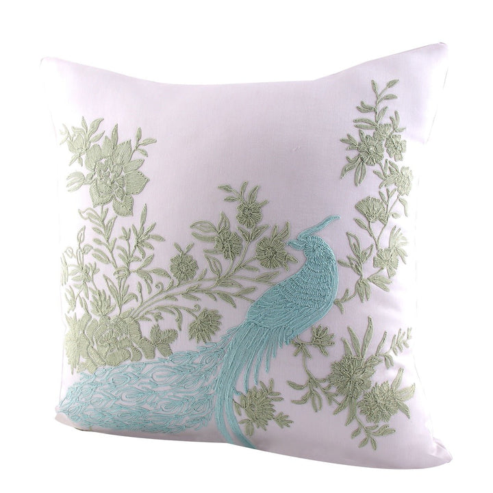 Silkroute Offwhite Silk Peacock Embroidery Cushion Cover - KHAABKA